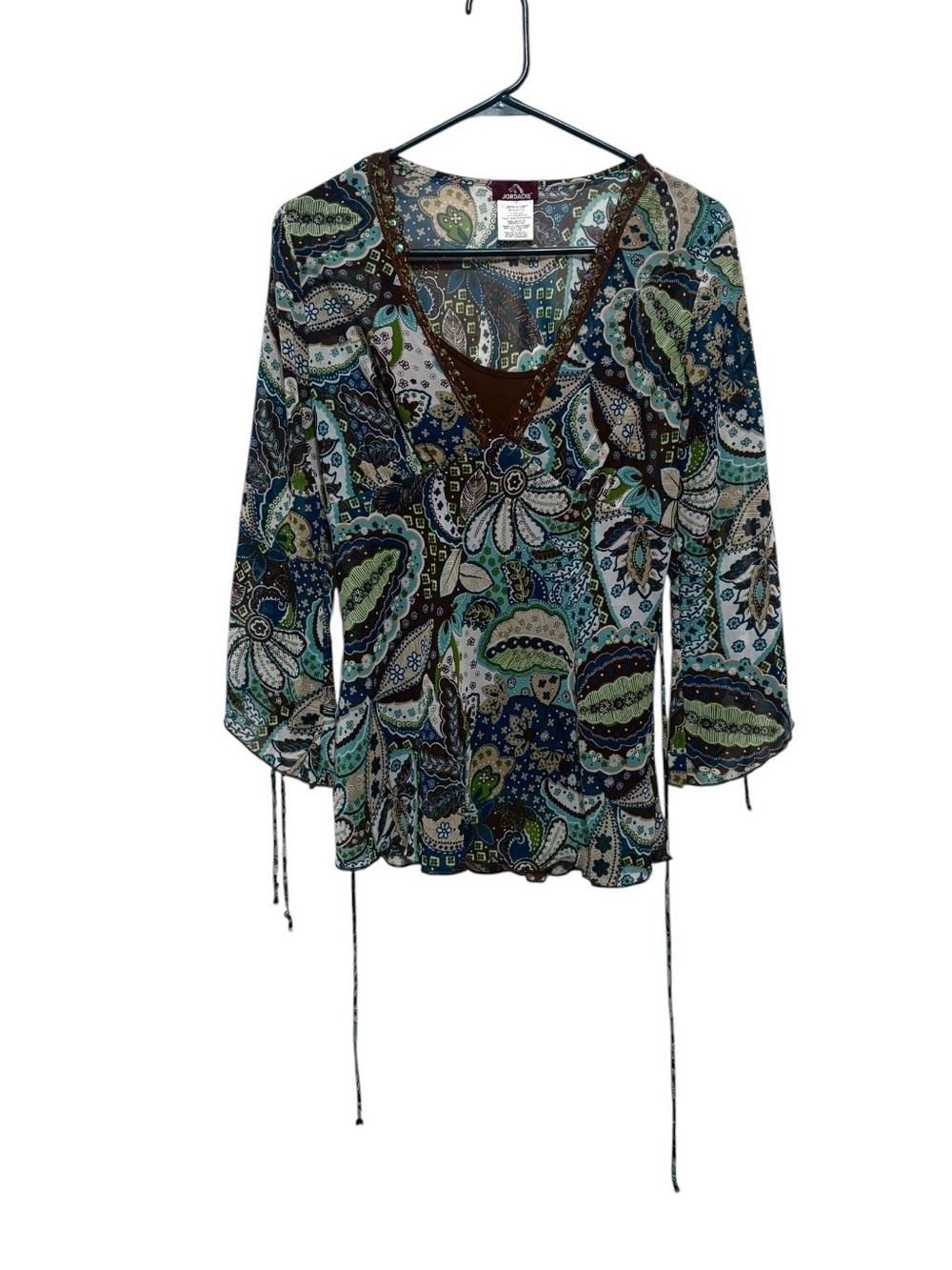 Y2K Jordache blue and green paisley print sheer babydoll blouse